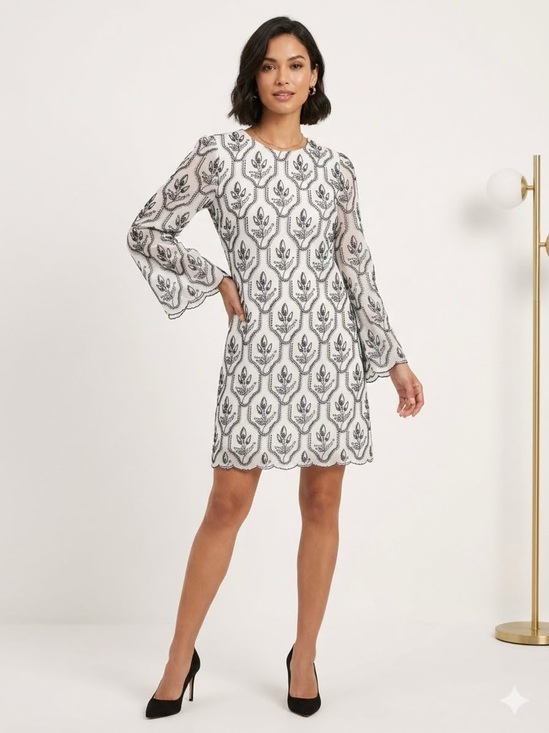 Preston & York Dresses & Skirts - Preston & York White Black Embroidered Bell Sleeve Shift Dress NWT Size 8